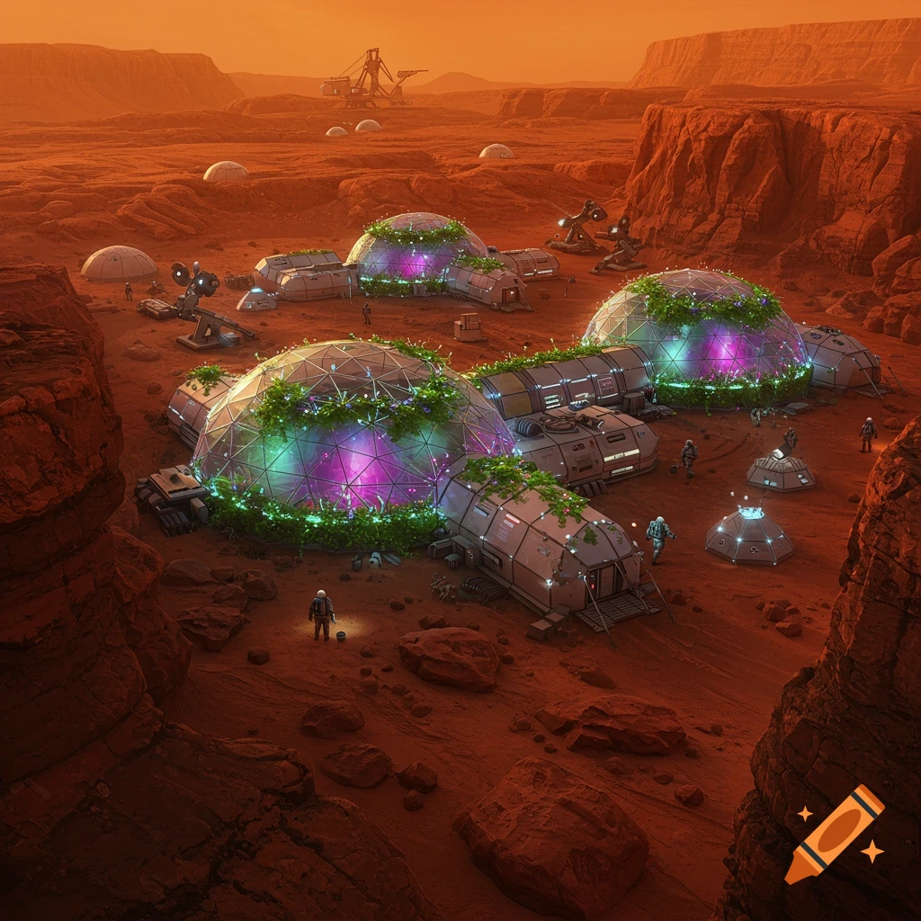 A human colony with geodesic domes and structures on the red landscape of Mars, with figures in spacesuits.