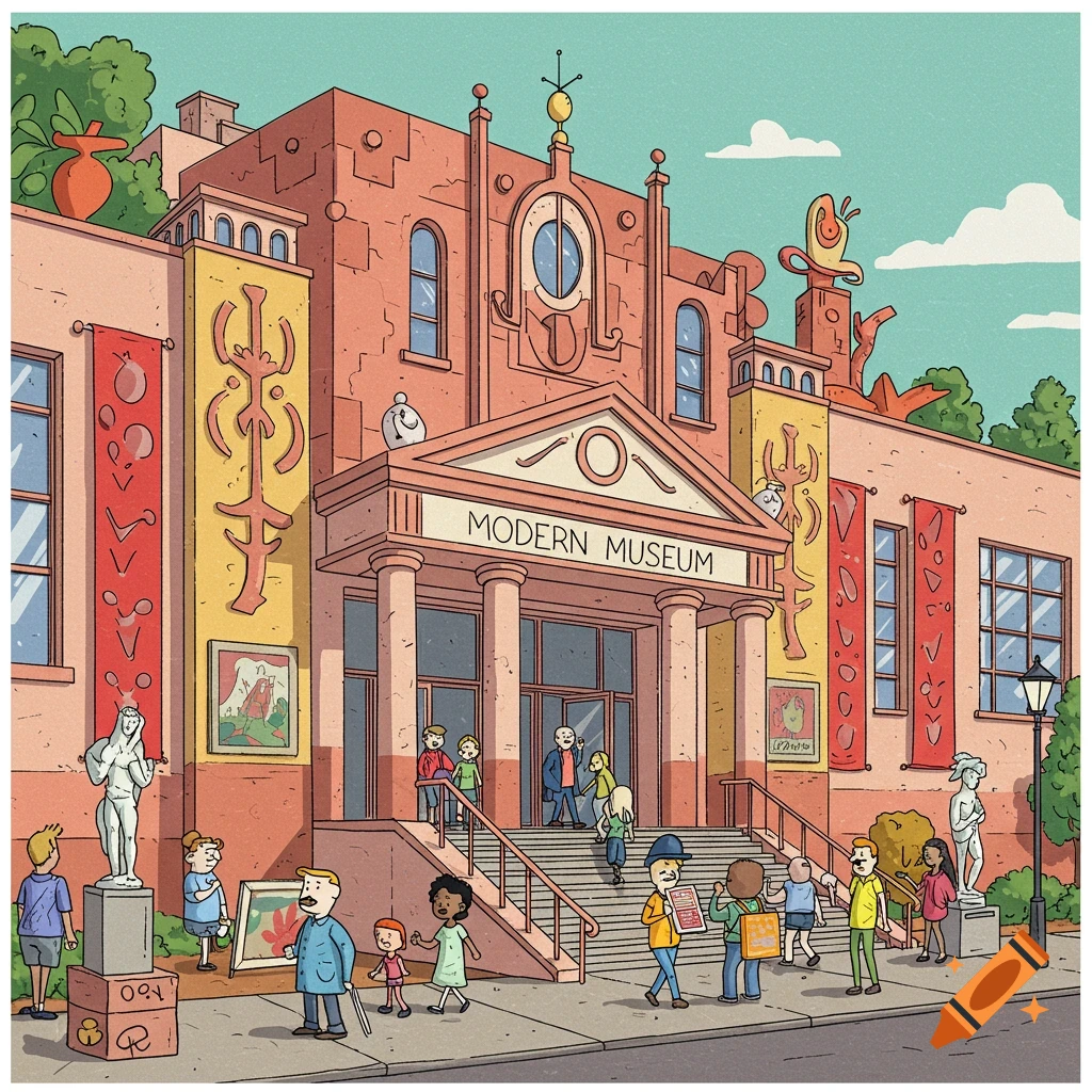 Cartoon illustration of the entrance to a museum with people.