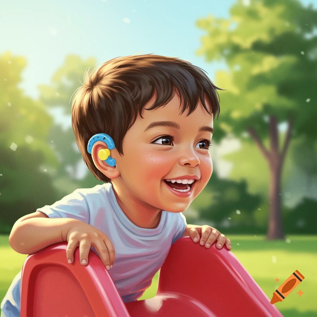 A smiling young boy with hearing aids is on a red slide in a park.