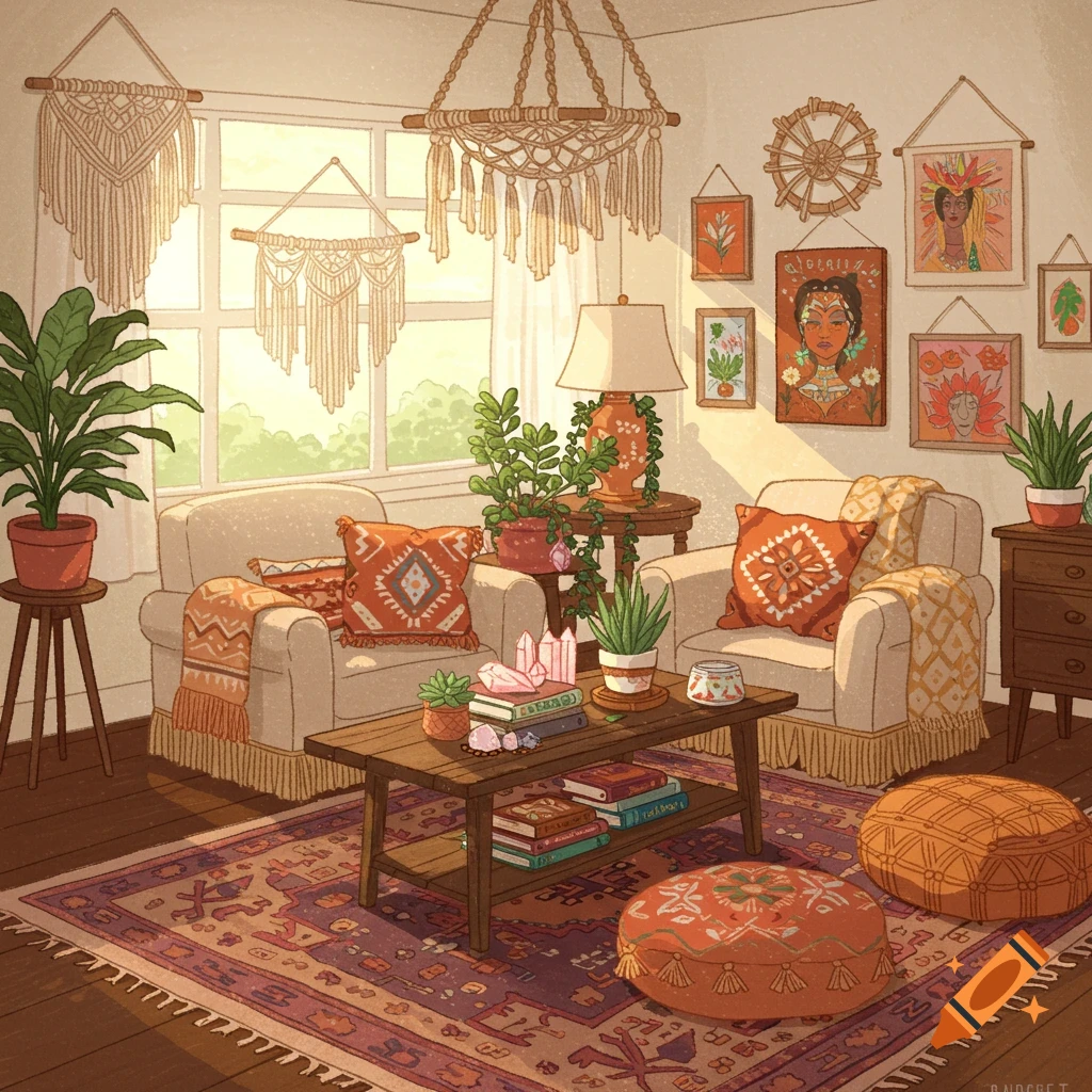 A cozy, bohemian-style living room interior with two armchairs, a coffee table, plants, macrame wall hangings, and colorful rugs.