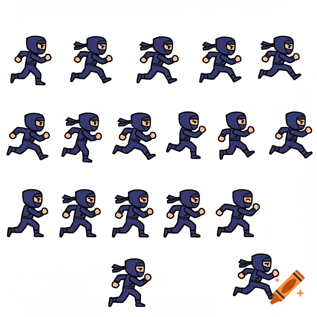 Multiple small blue ninja figures running in a retro 8-bit game sprite style.