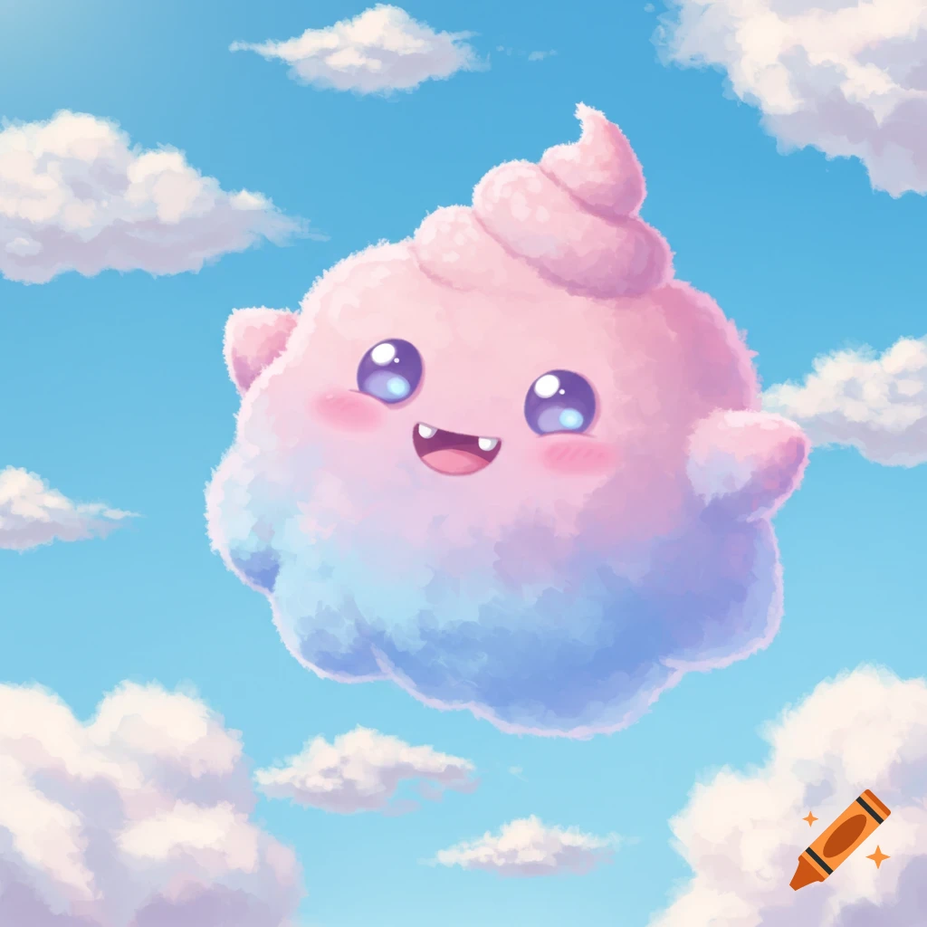 A cute, fluffy pink and blue creature floating in a blue sky with clouds.
