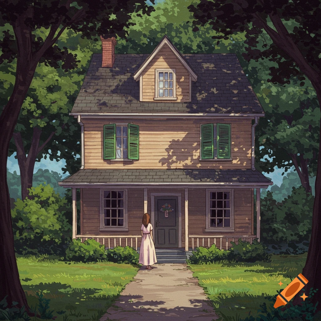 A person stands on a path leading to a house surrounded by trees.