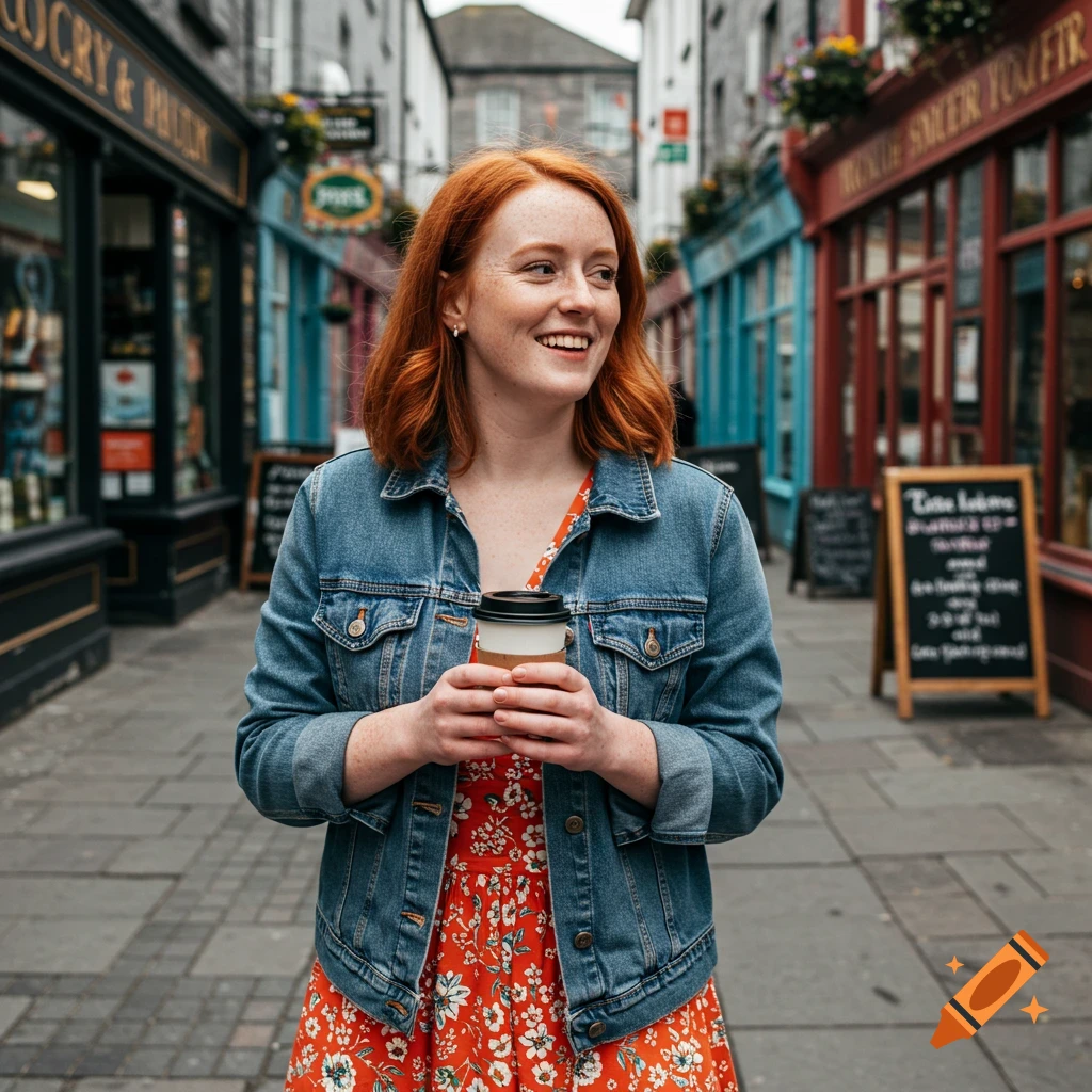 A woman with red hair and freckles holds a coffee cup and smiles while walking down a street lined with shops.