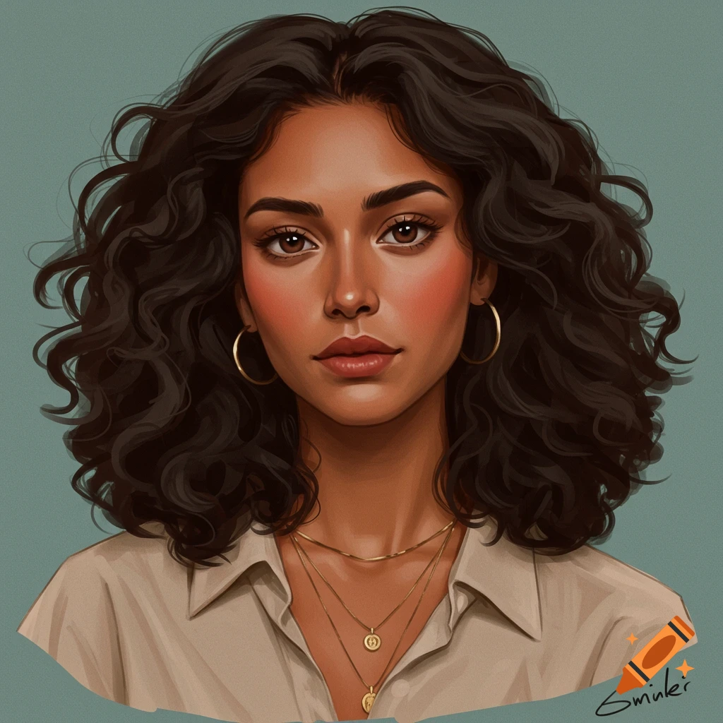 A beautiful ethnic woman with curly brown hair and layered necklaces.