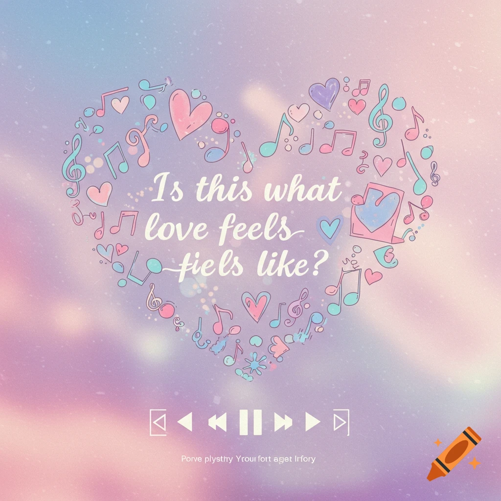 A heart shape made of musical notes and hearts on a pastel background, with text and media player controls.