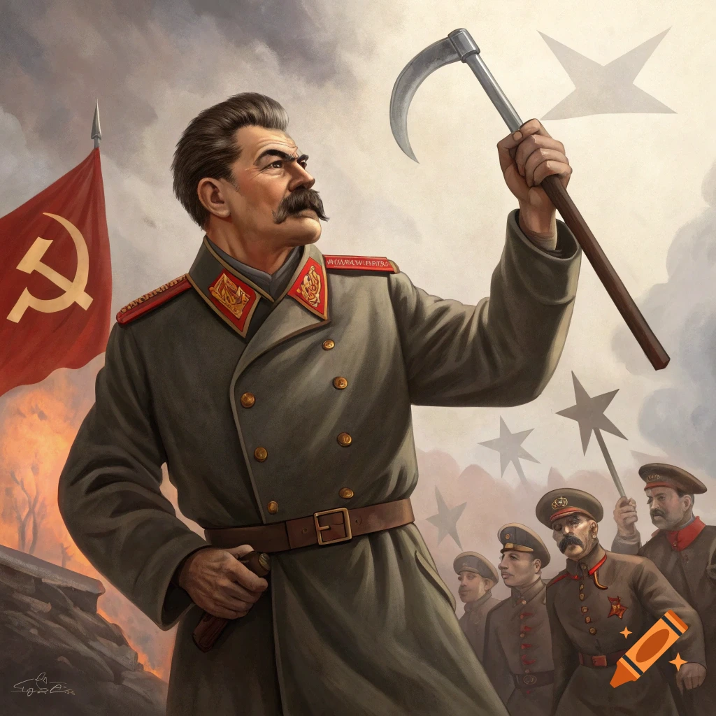 Illustration of Joseph Stalin in military uniform holding a sickle, with a Soviet flag and soldiers behind him.