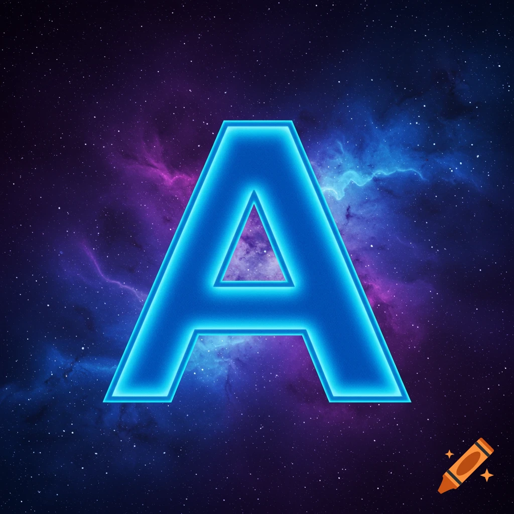 A large blue neon letter A against a starry space background with nebulae.