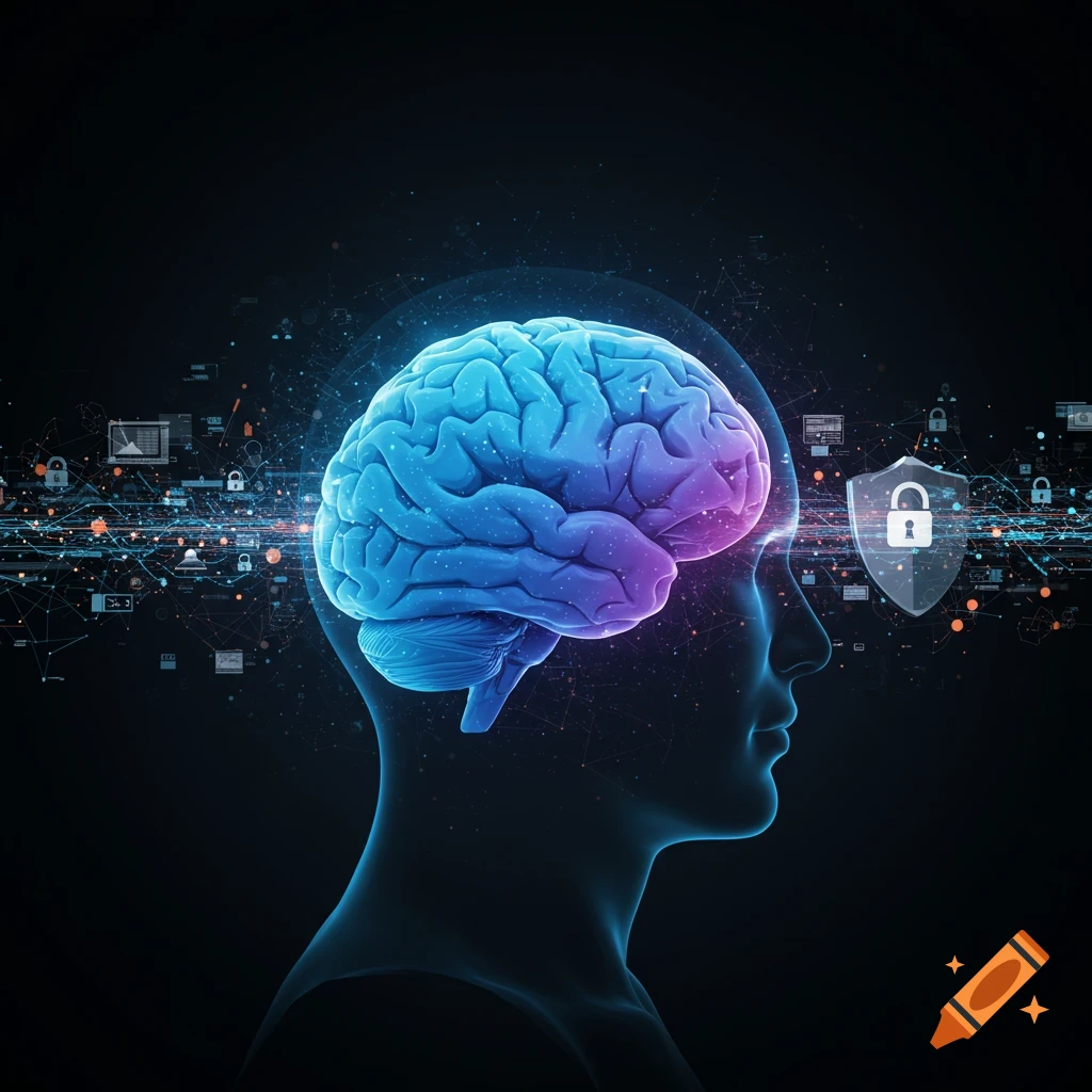 Glowing brain in a human head profile connected to a network with locks, representing cybersecurity.