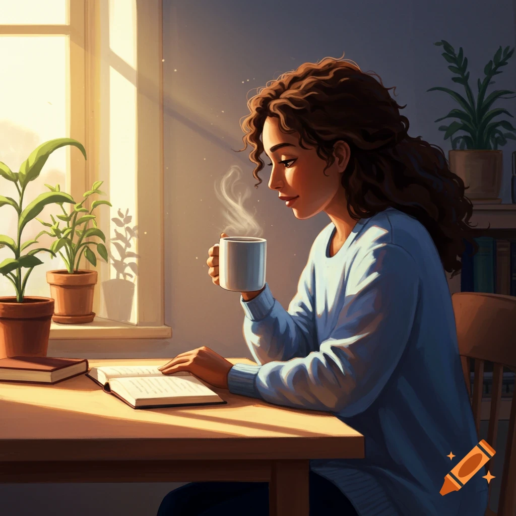 A woman reading a book and holding a steaming mug of coffee by a sunny window.