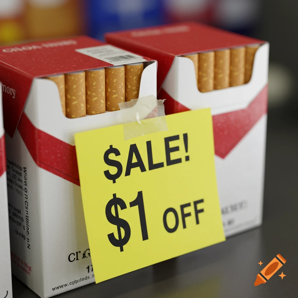 Two packs of cigarettes with a yellow sign saying SALE! $1 OFF