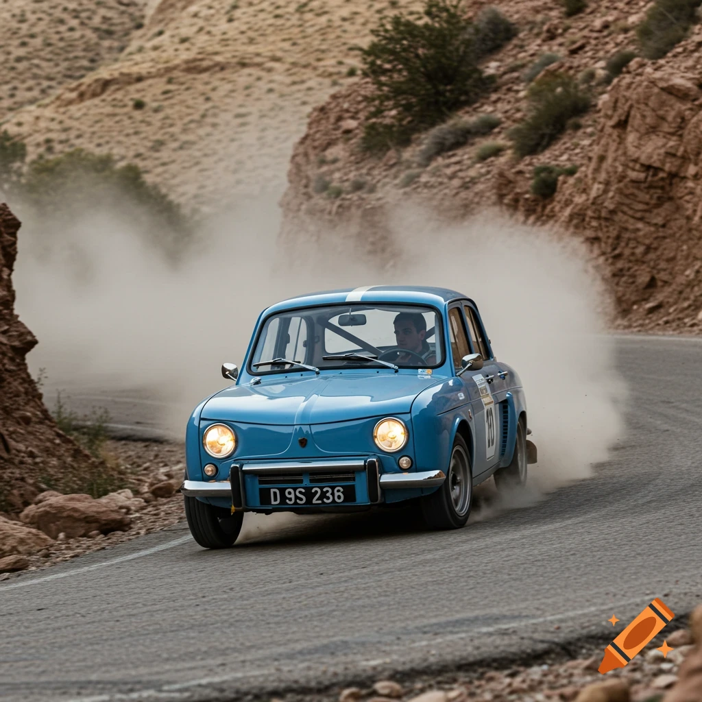 A blue Renault Dauphine rally car kicks up dust while racing through a rocky canyon.