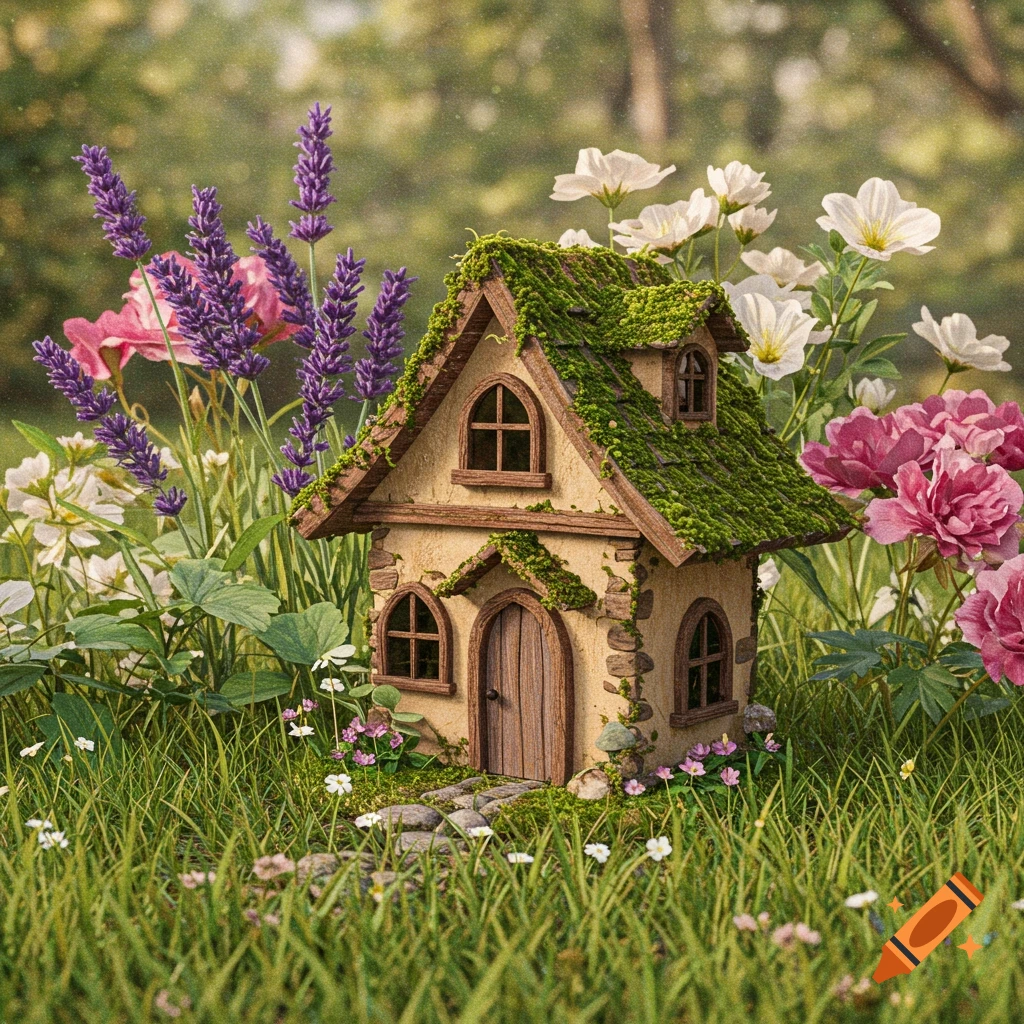A moss-covered miniature fairy house is surrounded by tall grass and flowers.