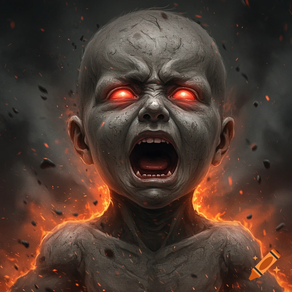 A screaming, ash-skinned baby with glowing red eyes surrounded by fire and smoke.