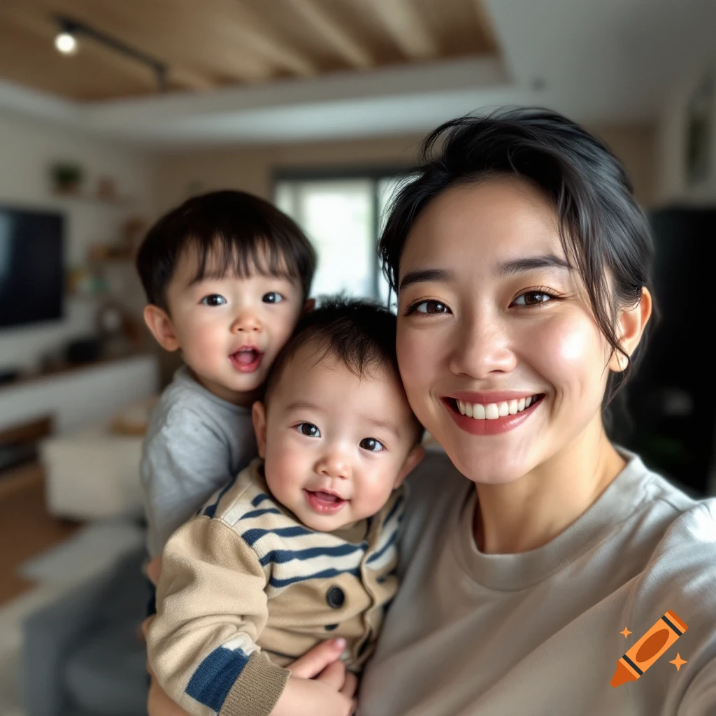 A woman takes a selfie holding her two young sons in an apartment.