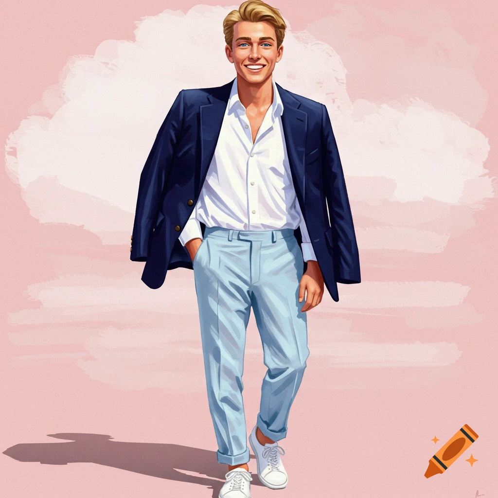 A young man in a navy jacket and light blue pants walks with his hand in his pocket against a pink cloudy background.