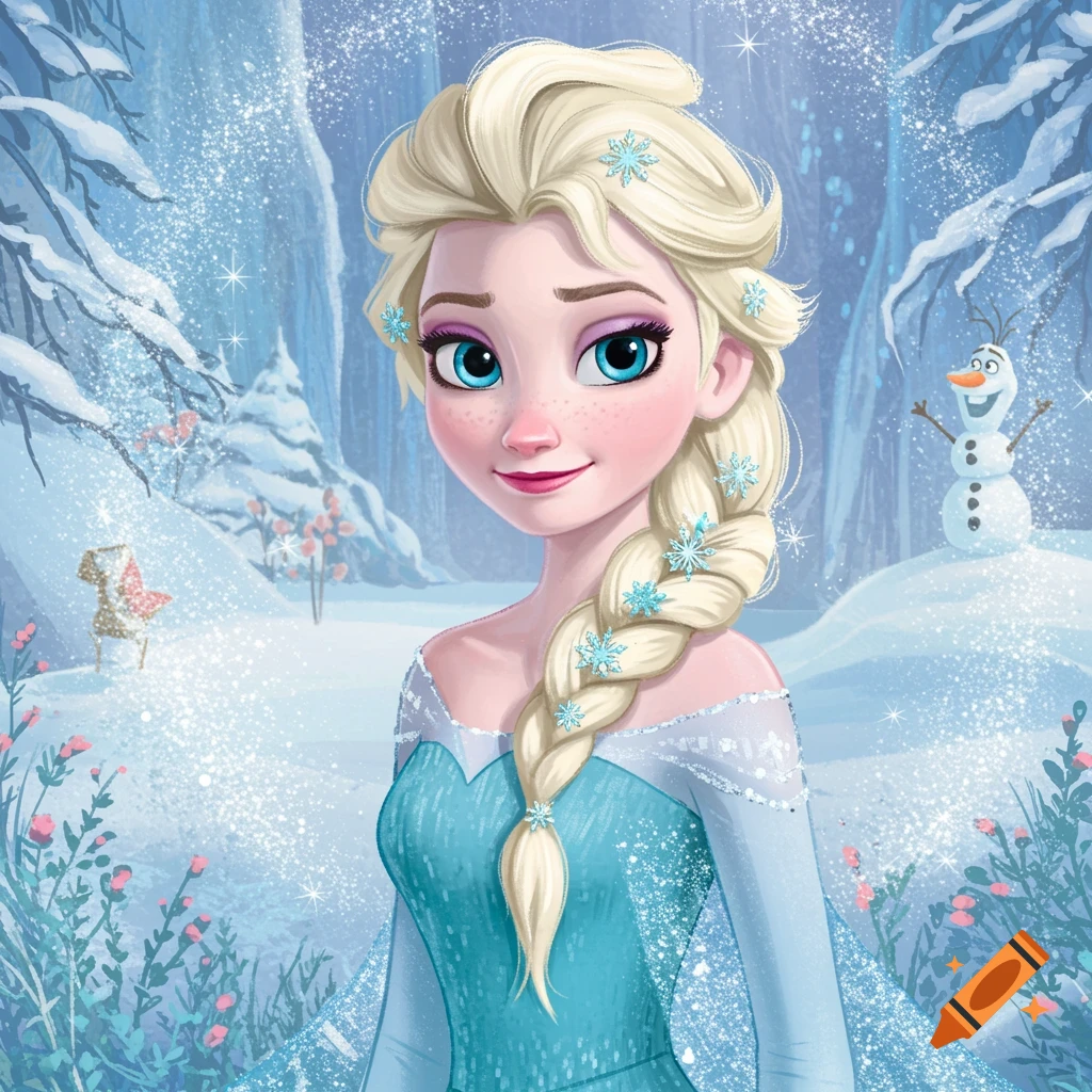 Elsa from Frozen in a winter wonderland with snowflakes and a snowman
