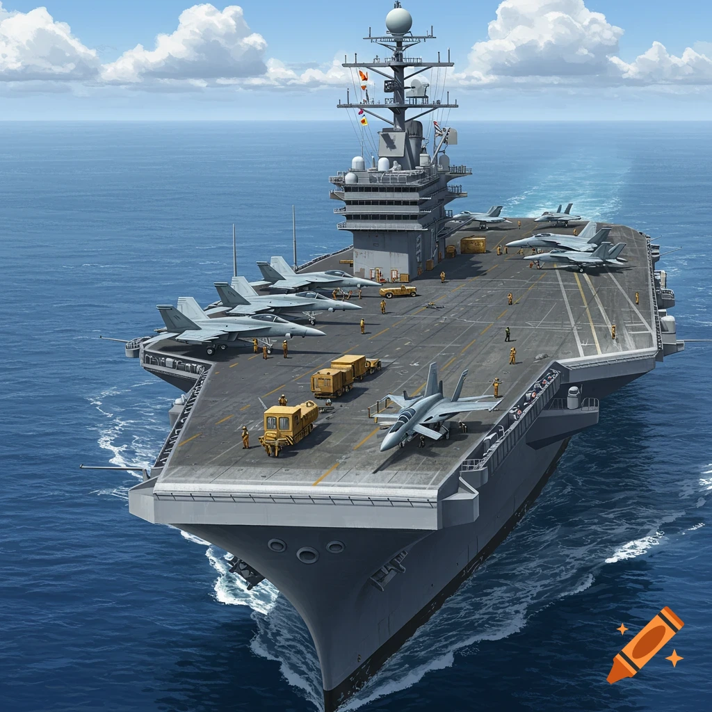 An aircraft carrier is at sea with planes on deck.