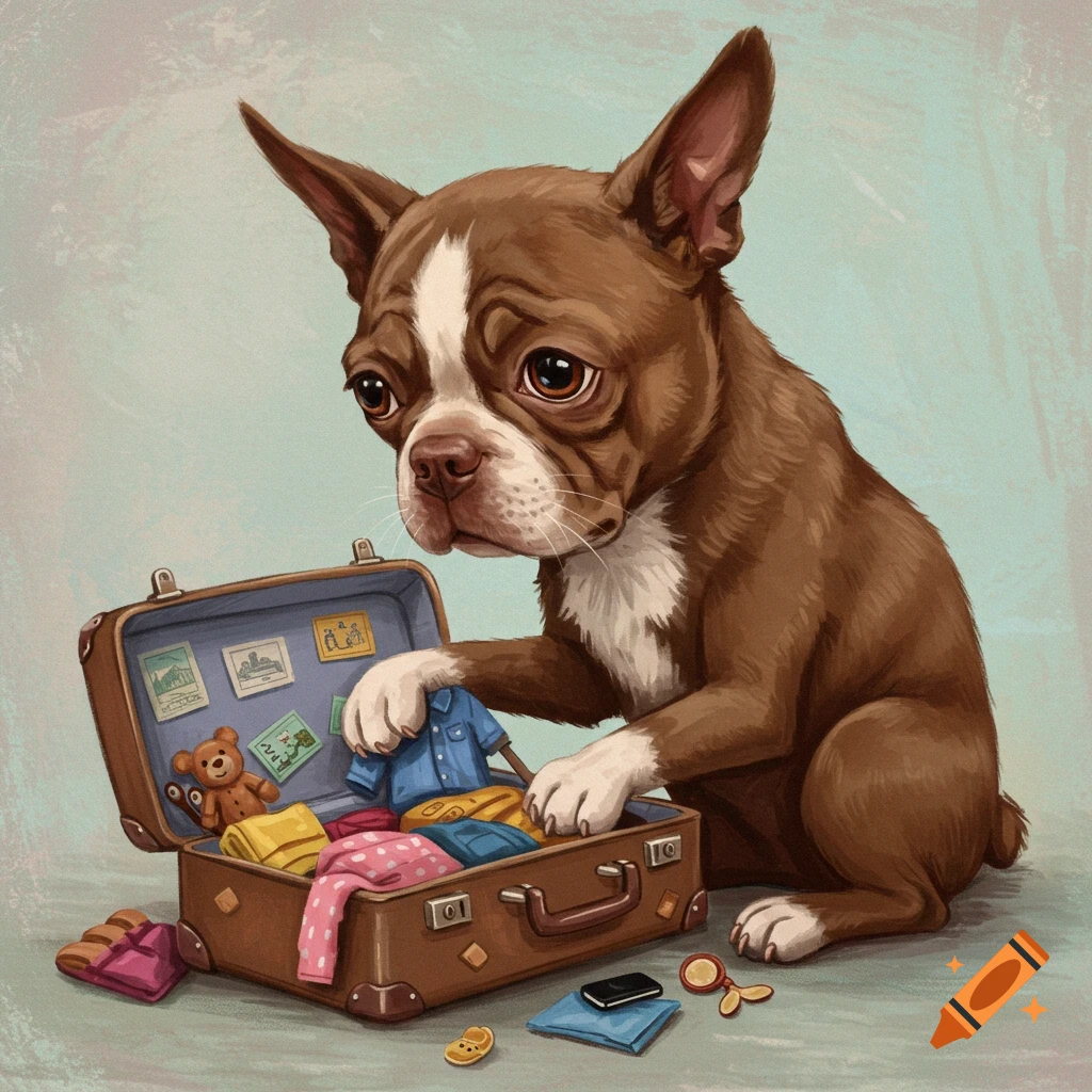 Sad brown Boston Terrier dog packing a suitcase.