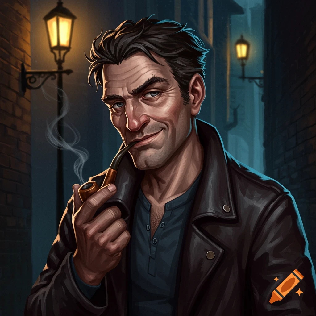 A man in a leather jacket is smoking a pipe in a dark alleyway.