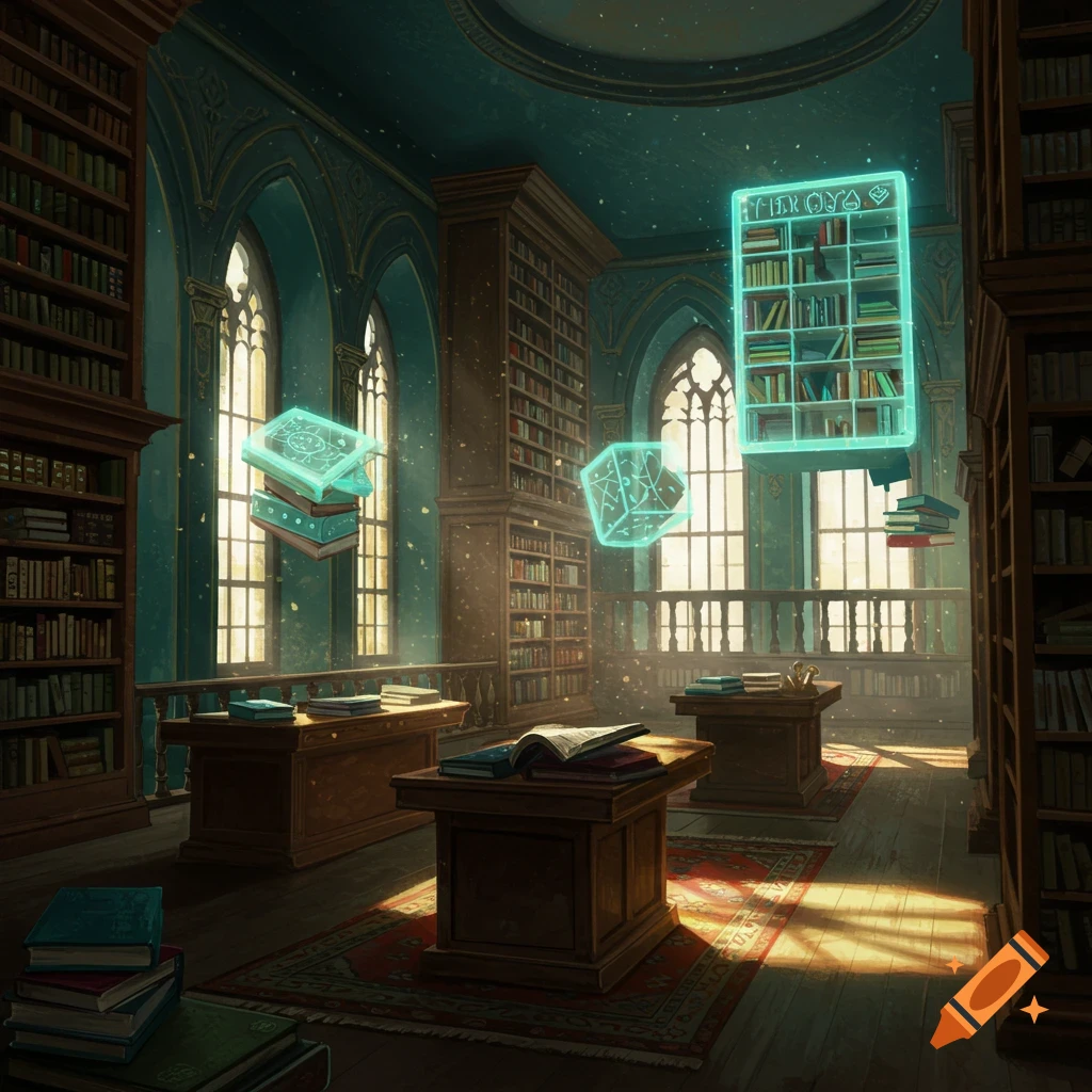 A fantasy library interior with floating magical books and glowing shelves.