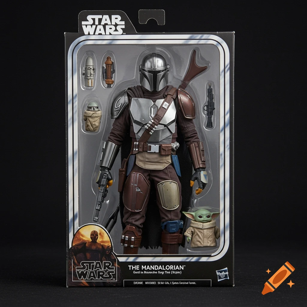 An unopened Star Wars action figure of The Mandalorian in its packaging with accessories.