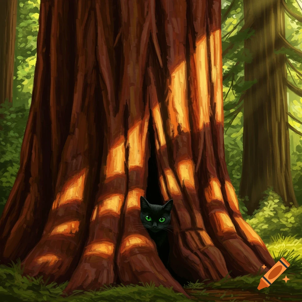 A black cat peeking out from a redwood tree in a sunny forest.