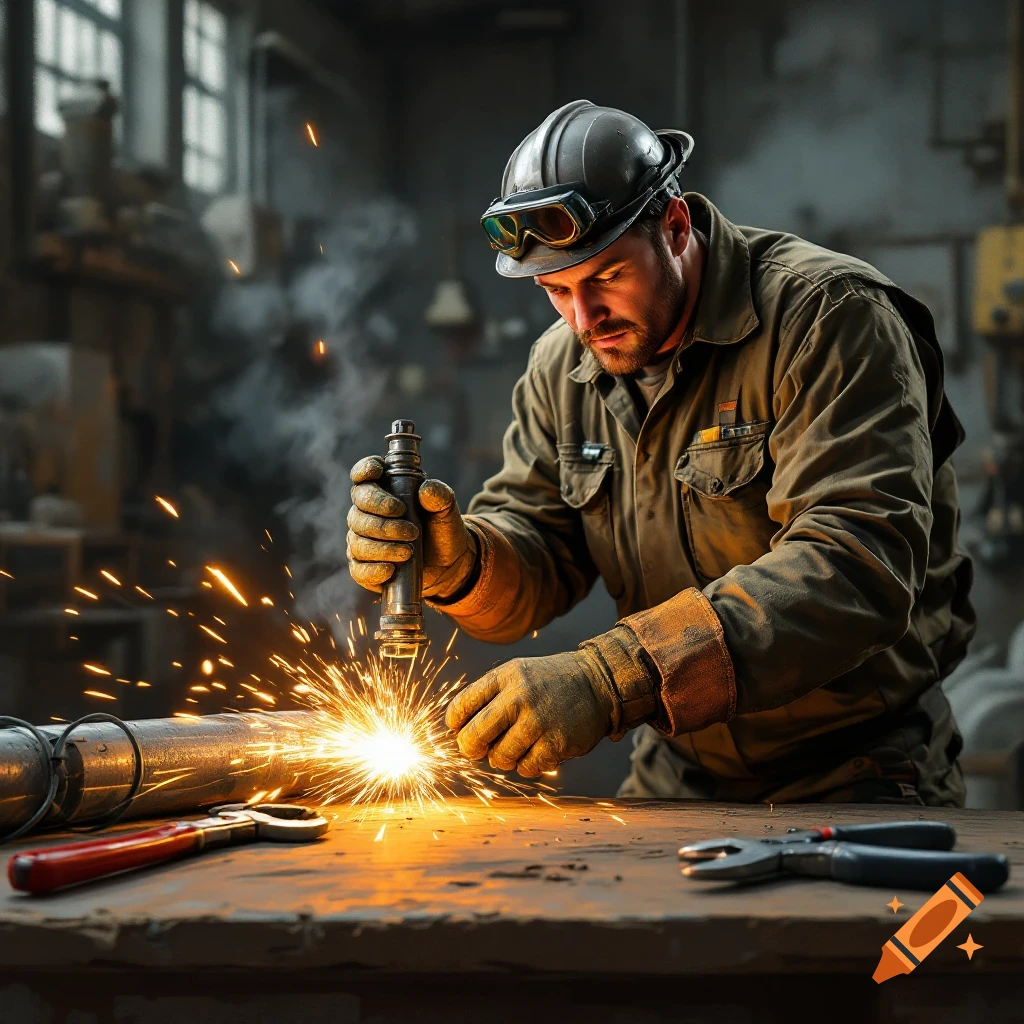 Worker wearing a hard hat and goggles welding a pipe in a workshop with sparks flying, tools on the bench. Photorealistic.