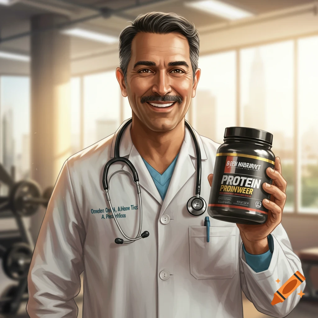 A smiling doctor in a lab coat holding a protein container in a gym.
