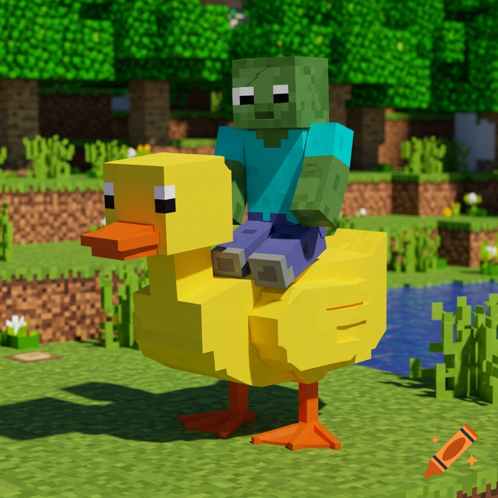 A Minecraft zombie rides on the back of a giant yellow duck in a blocky landscape.