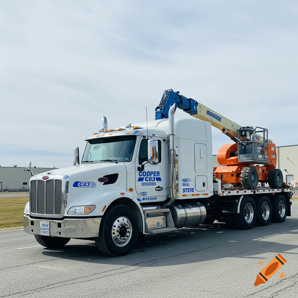 A white semi-truck with blue text carrying an orange manlift on a flatbed trailer. Photorealistic style.