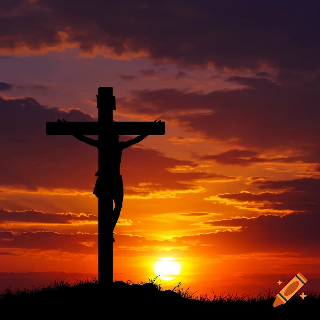 Silhouette of crucifixion on a cross against a dramatic sunset sky