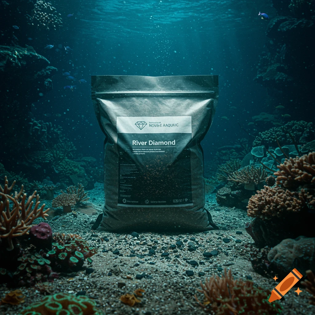 A bag of aquatic substrate titled 'River Diamond' sits on the seabed with coral and fish in a photorealistic style.