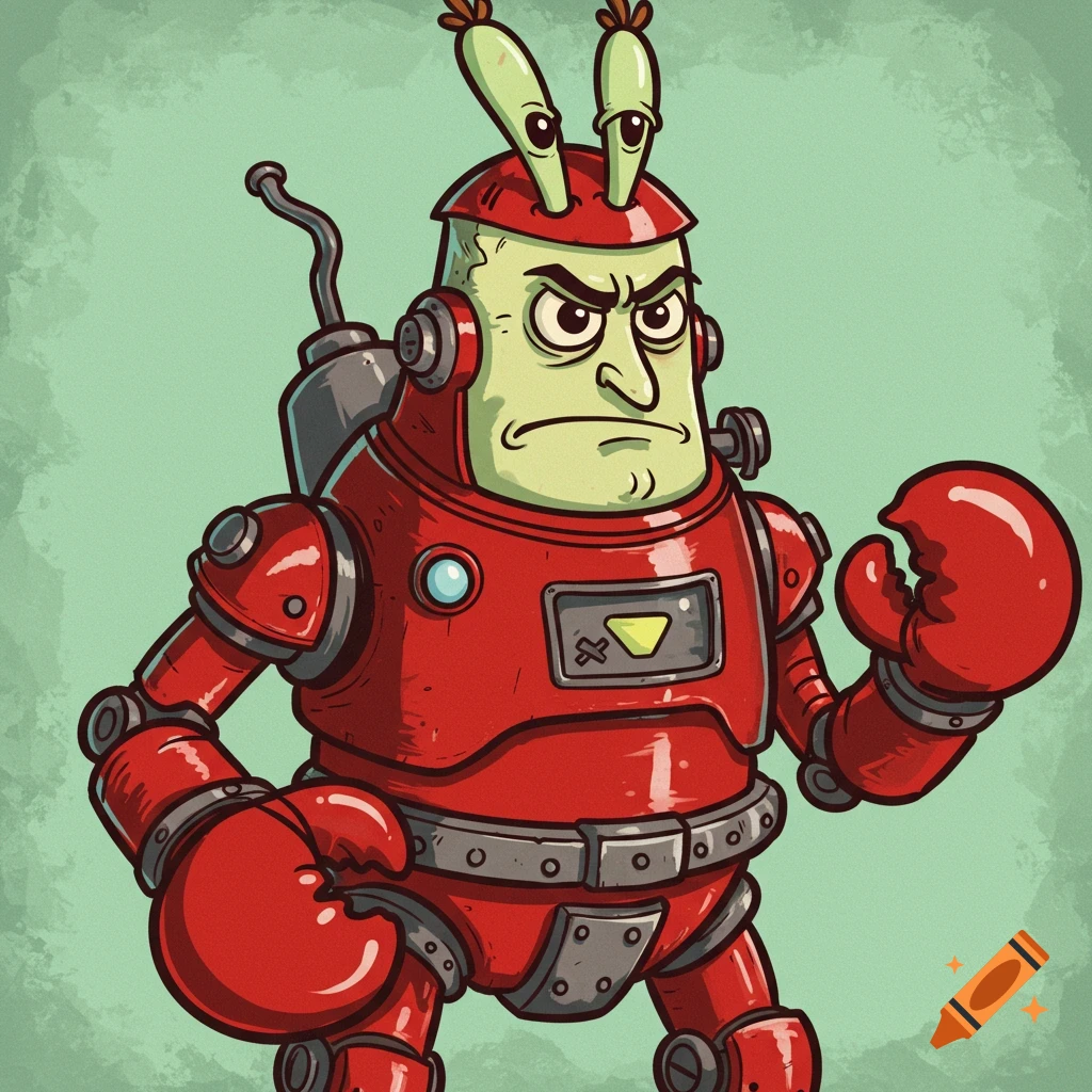 A red robot character resembling Mr. Krabs, with lobster claws and antennae.