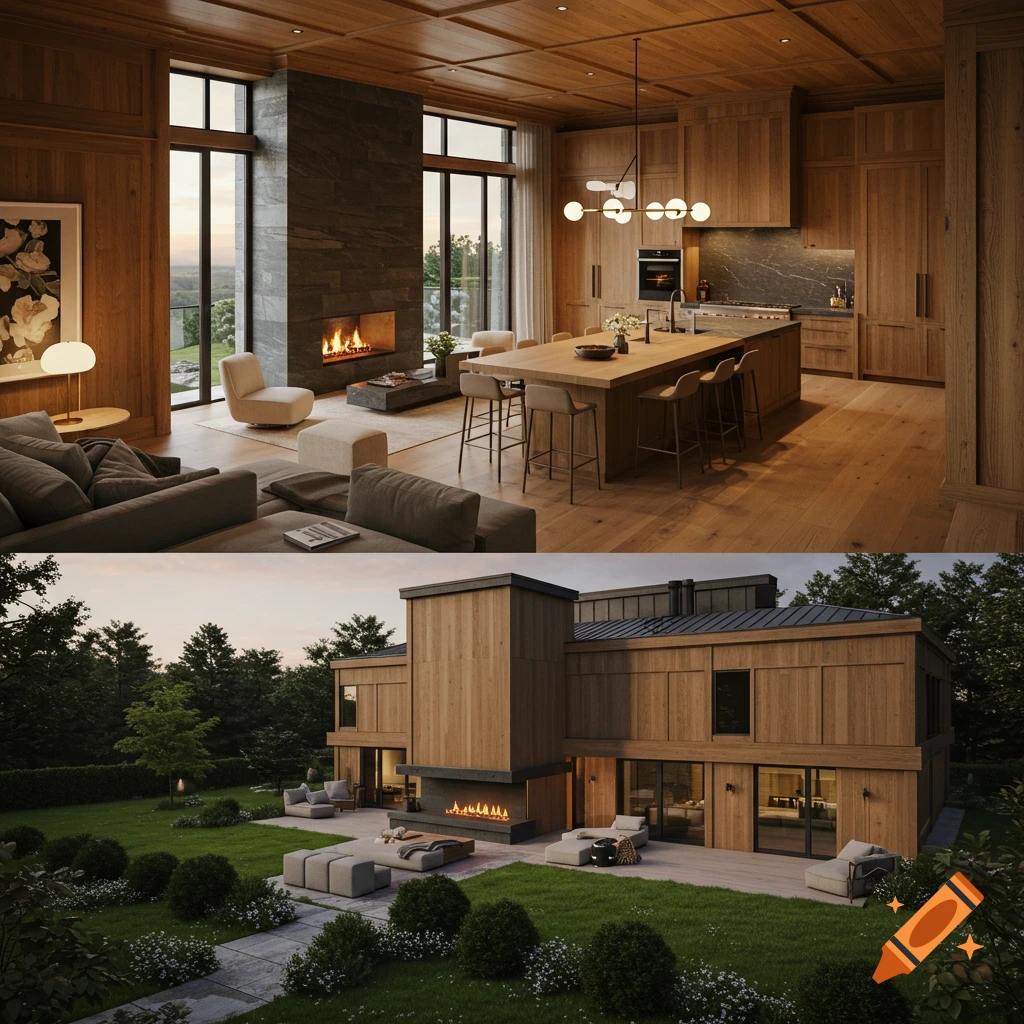 A modern mansion split view showing a spacious interior living room/kitchen and a view of the exterior with a patio and garden.
