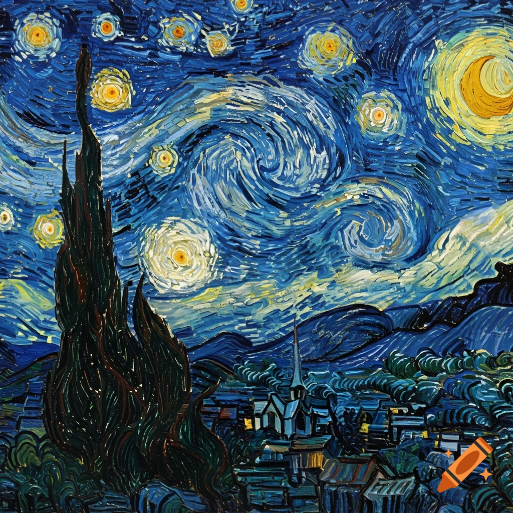 A painting in the style of Van Gogh's Starry Night with a swirling blue sky, yellow stars and moon, a dark cypress tree, and a village below.