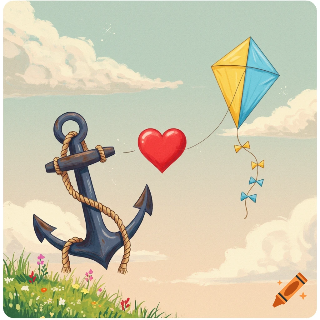 A stylized illustration of an anchor, heart, and kite flying in the sky.