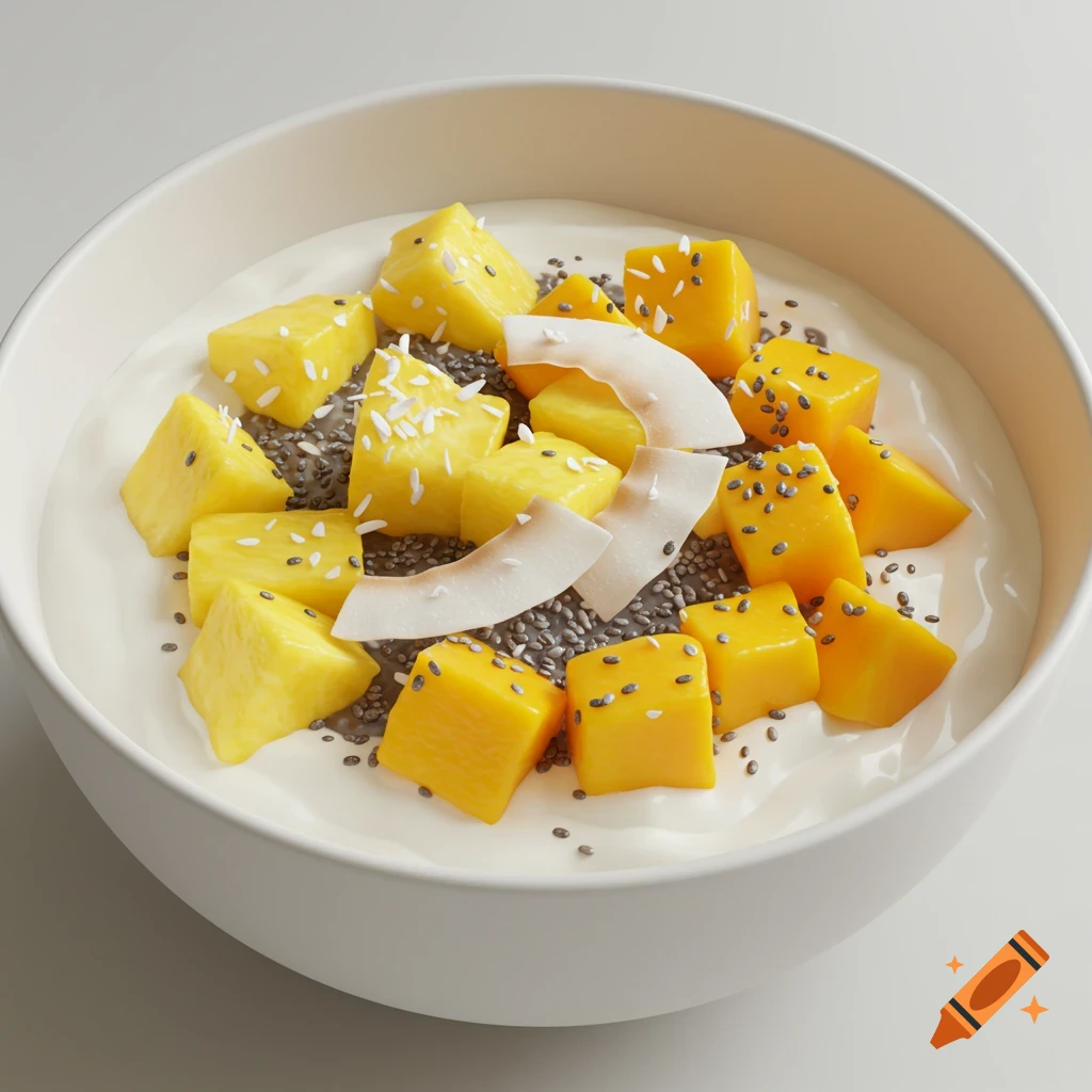 A bowl of yogurt topped with cubed mango, shredded coconut, and chia seeds.