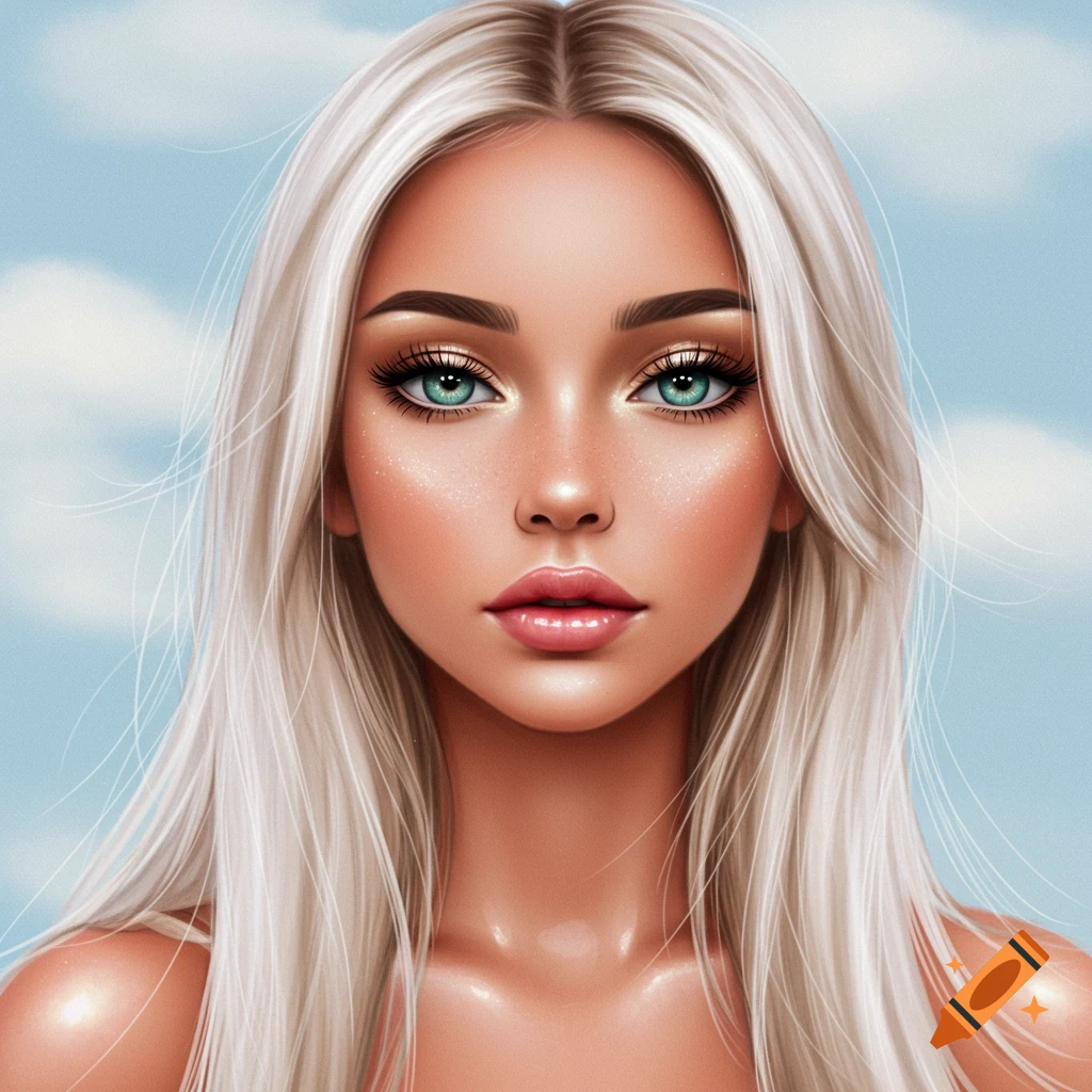 A woman with long blonde hair and green eyes against a cloudy sky.