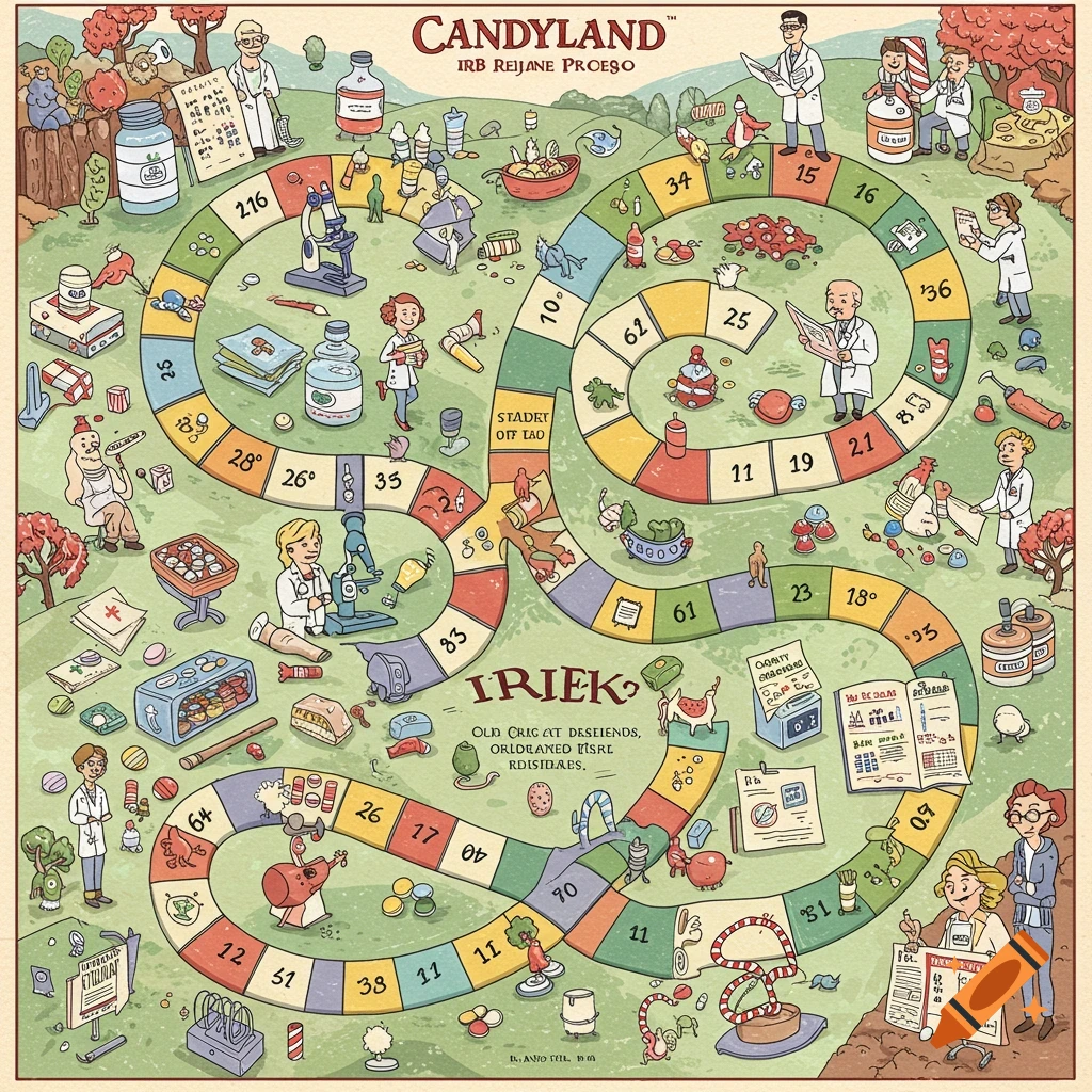 Illustrated board game in Candyland style with medical/lab theme, featuring researchers, equipment, and bottles on a winding path.