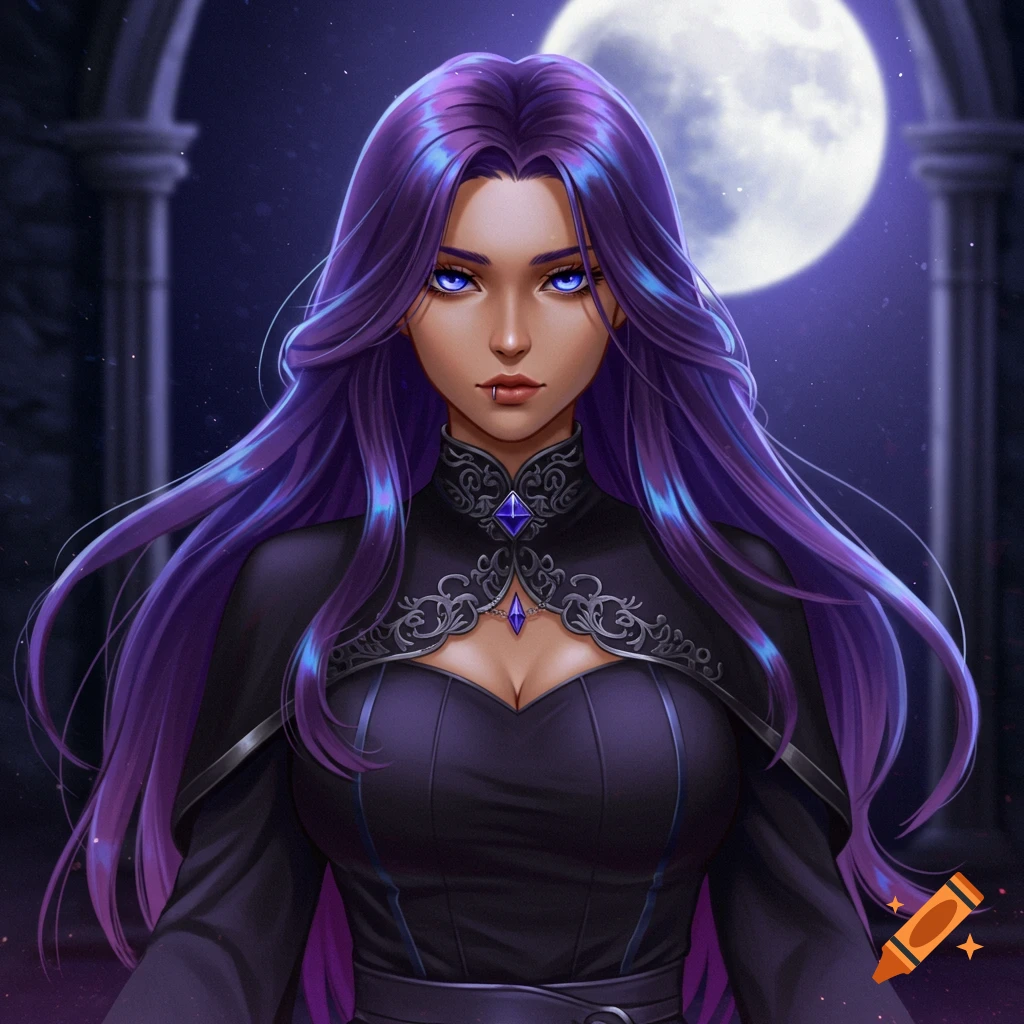Illustrated fantasy woman with long purple hair and glowing blue eyes under a full moon.