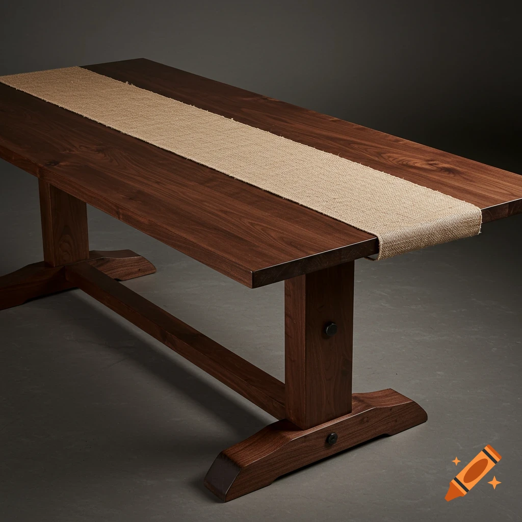 Close-up of a walnut farm table with a burlap table runner.