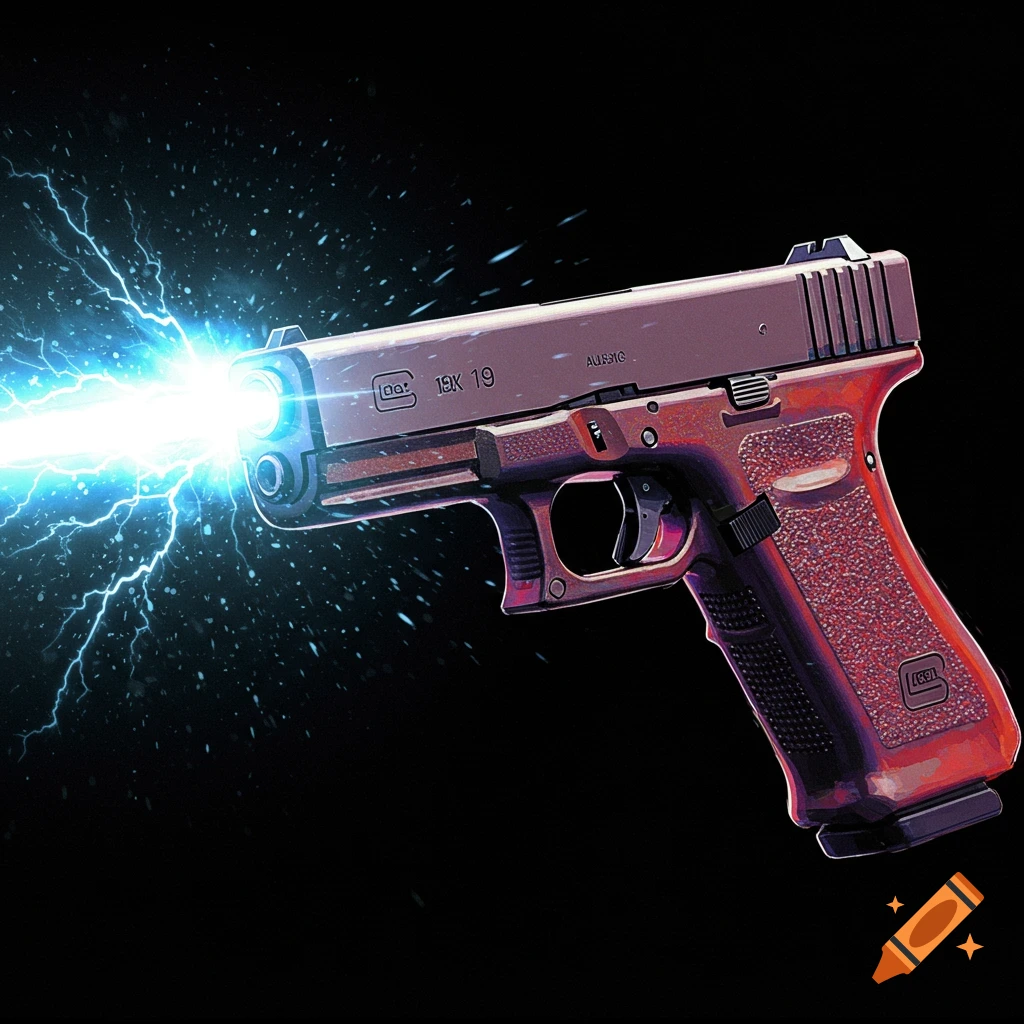 A Glock 19 pistol firing a blue energy beam.