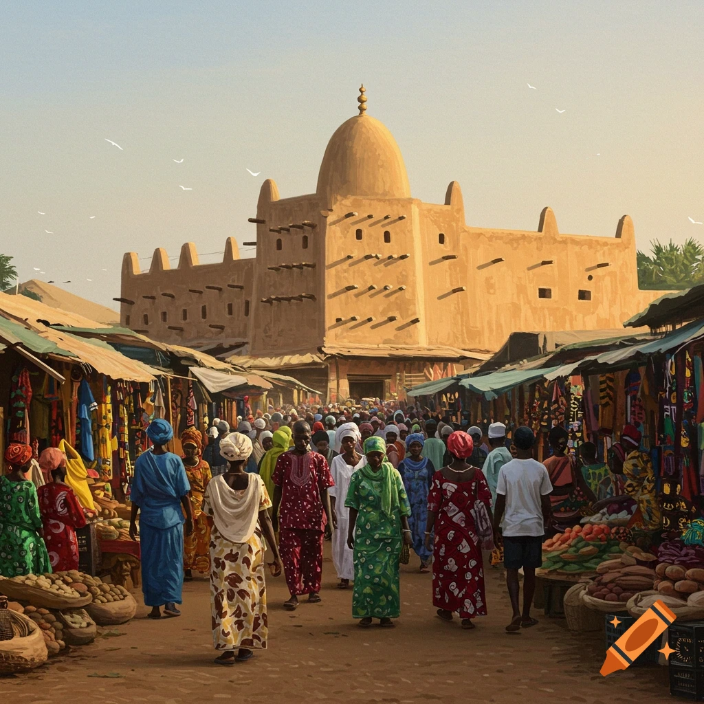 A bustling market square in front of a large adobe building with a domed roof.