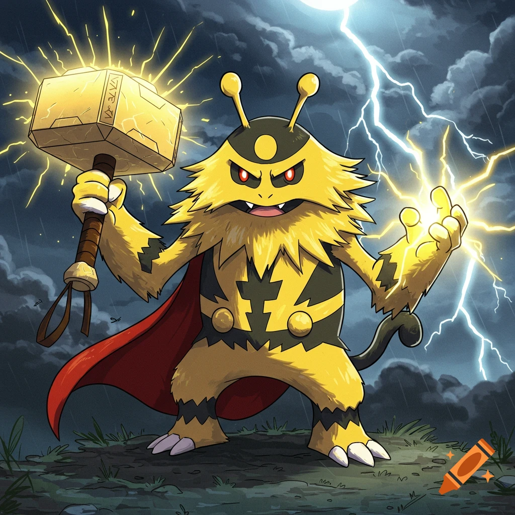 Illustration of Electivire in a storm, holding a golden hammer and generating lightning.