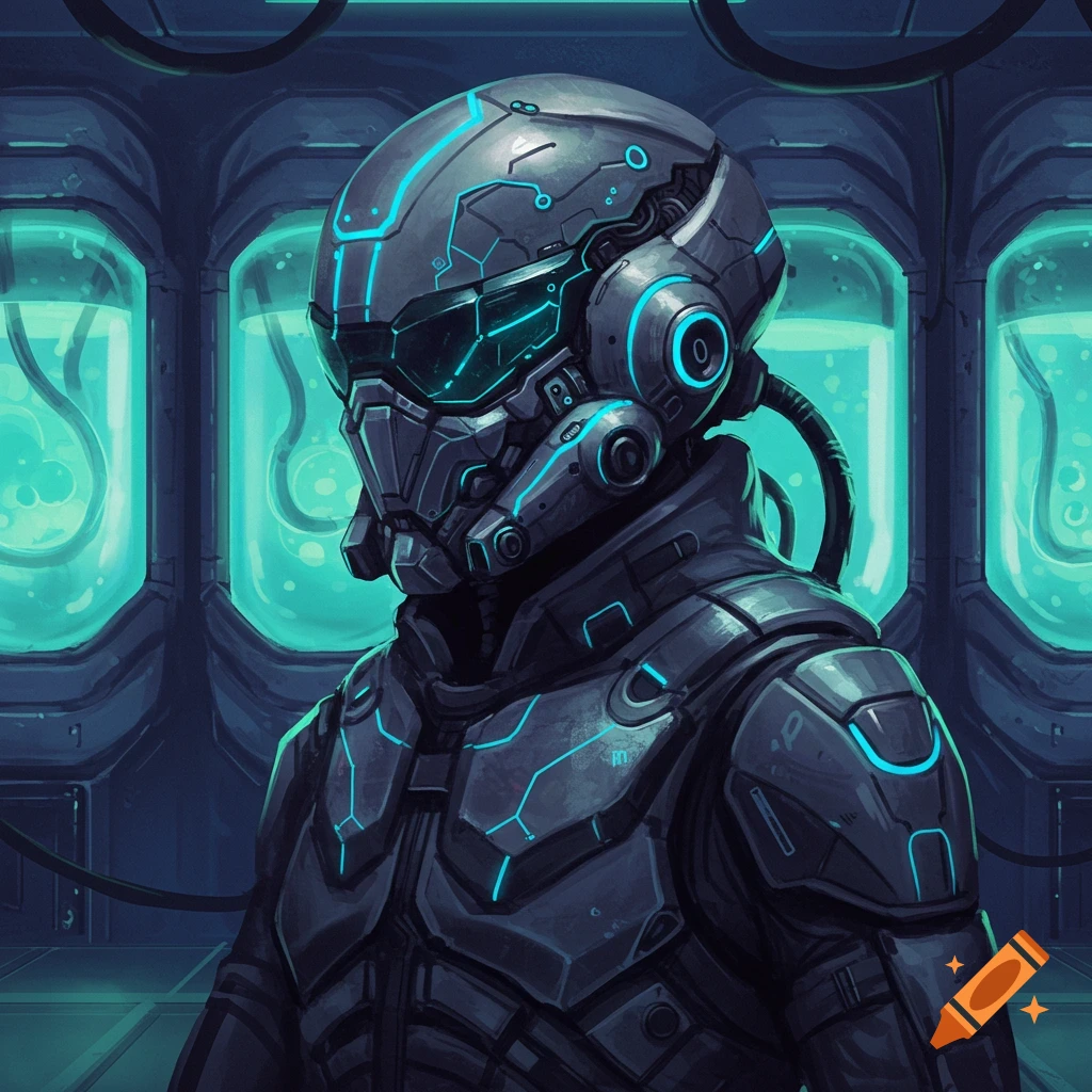 A person in dark futuristic armor and helmet stands in a science lab with glowing blue tanks.