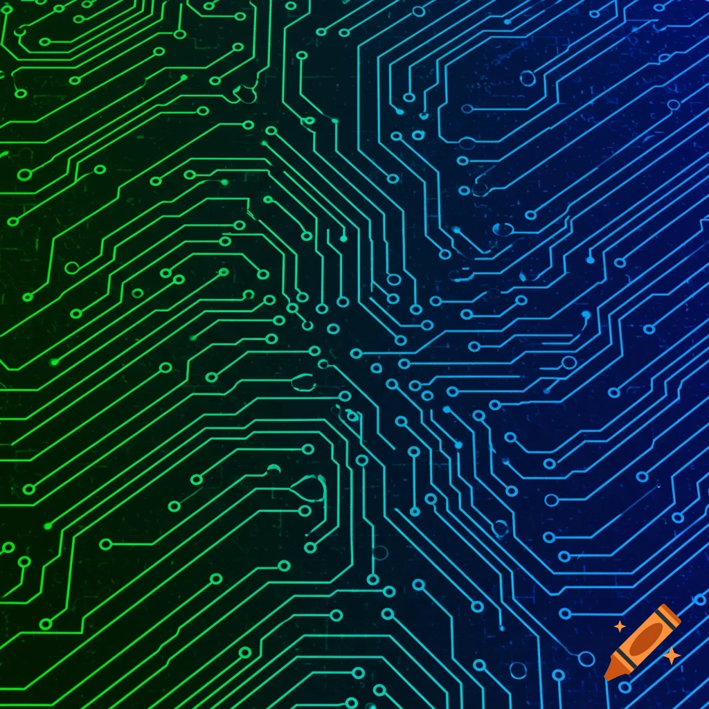 Glowing green and blue circuit board lines and pads.