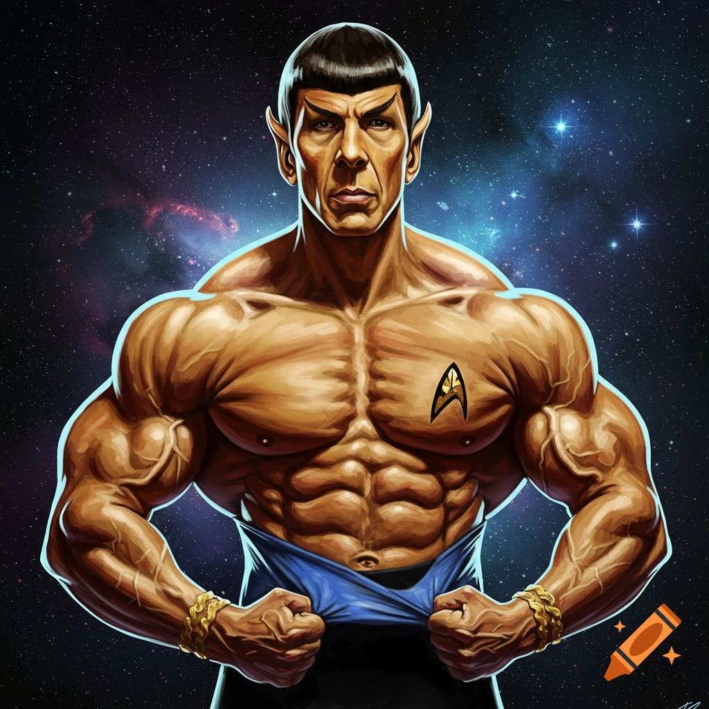 A muscular Spock pulling open his shirt against a space background.
