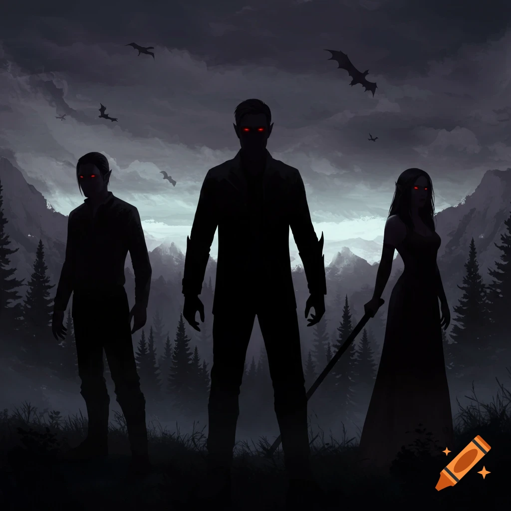 Silhouettes of two men and a woman with red eyes stand in a dark forest landscape with bats flying.