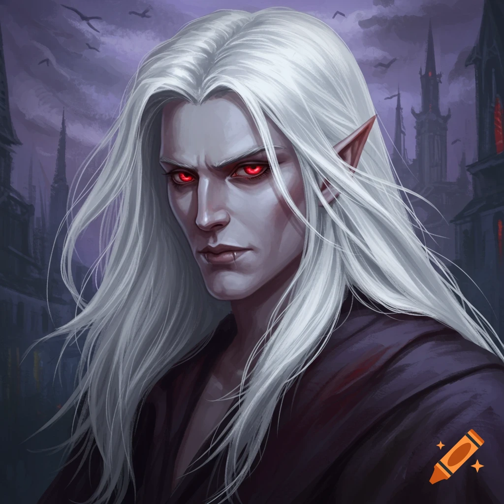 A male vampire with long white hair, red eyes, and fangs, standing in front of gothic buildings.